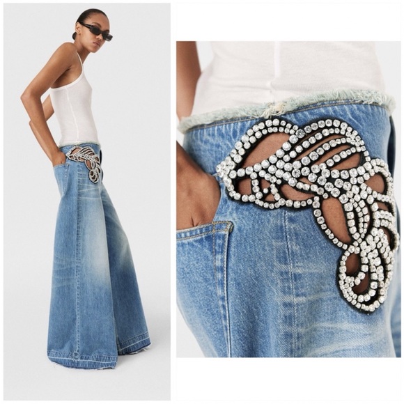 Stella McCartney Denim - Like new Stella McCartney Diamanté Swirl Mid-Rise Wide Leg Jeans $2,600 29